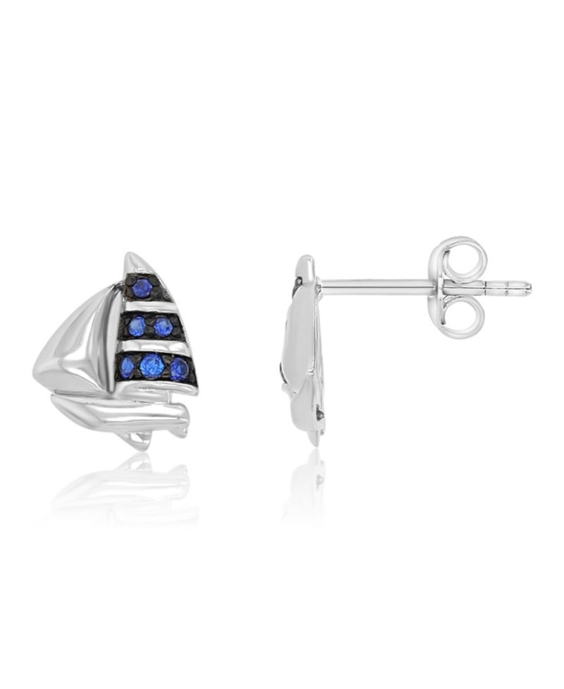 Created Blue Sapphire Ship Stud Earrings in Rhodium Over Sterling Silver
