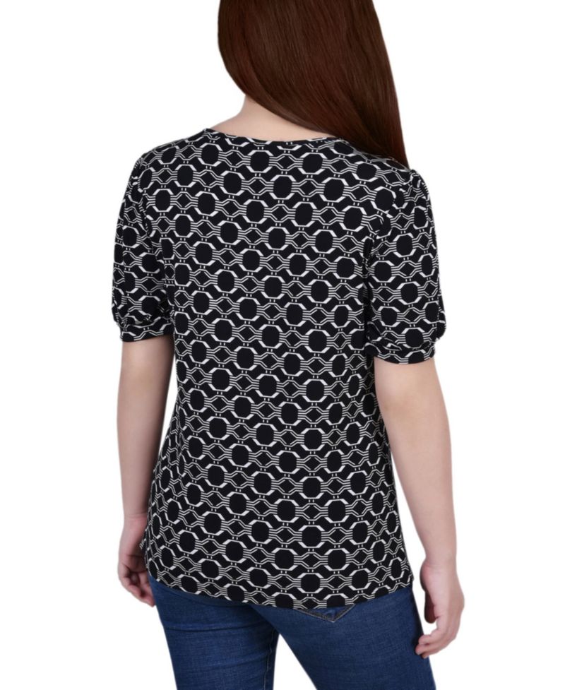 Petite Short Puff Sleeve Mesh Inset Top