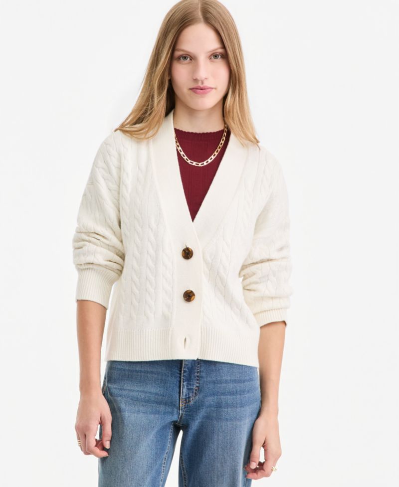 Women's Cable-Knit 3 Button V-Neck Cardigan