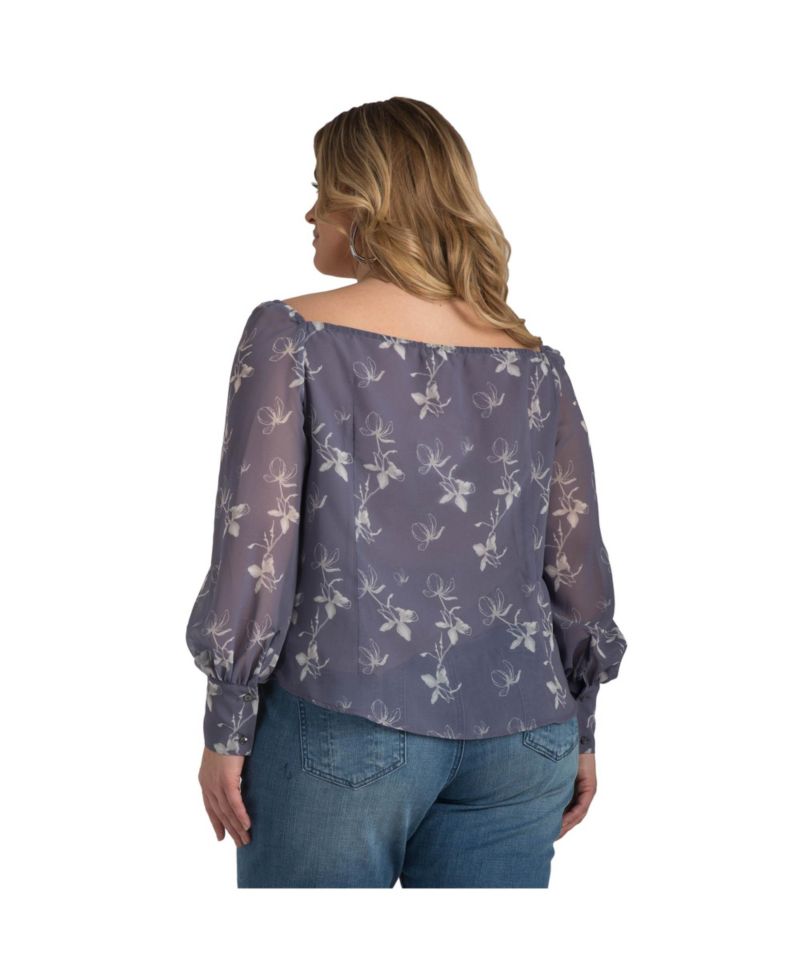 Plus Size Floral Print Long Sleeve Button Down Off-The-Shoulder Blouse
