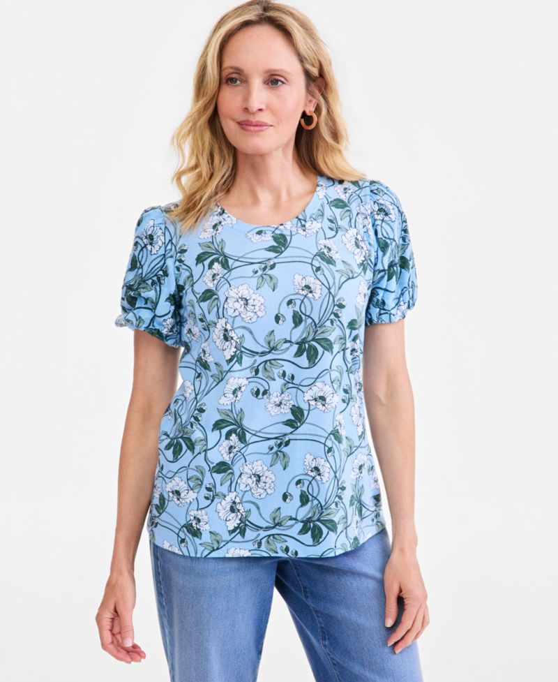 Plus Printed Mix Media Puff-Sleeve Top