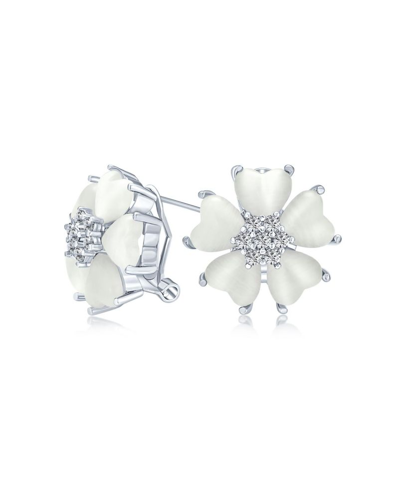 Cat Eye Quartz Heart-Shaped Petals Flower Stud Earrings Silver Plated