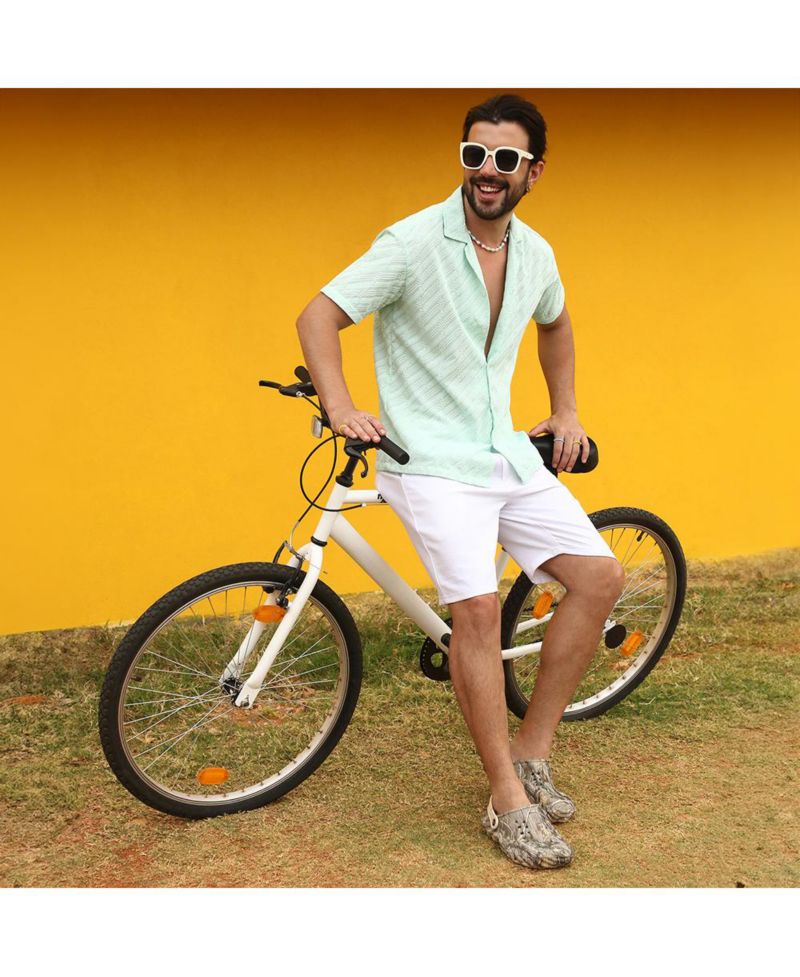 Men's Mint Green Embroidered Striped Shirt