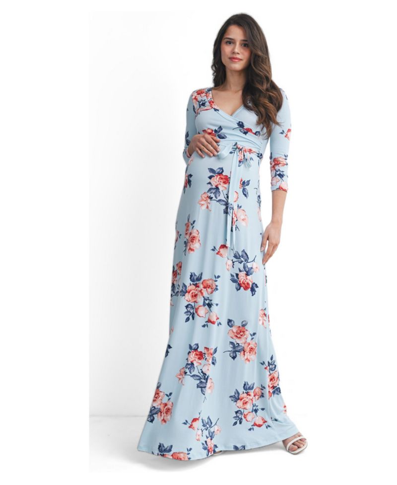 Women's Floral Nursing Wrap 3/4 Sleeve V-Neck Maxi Dress