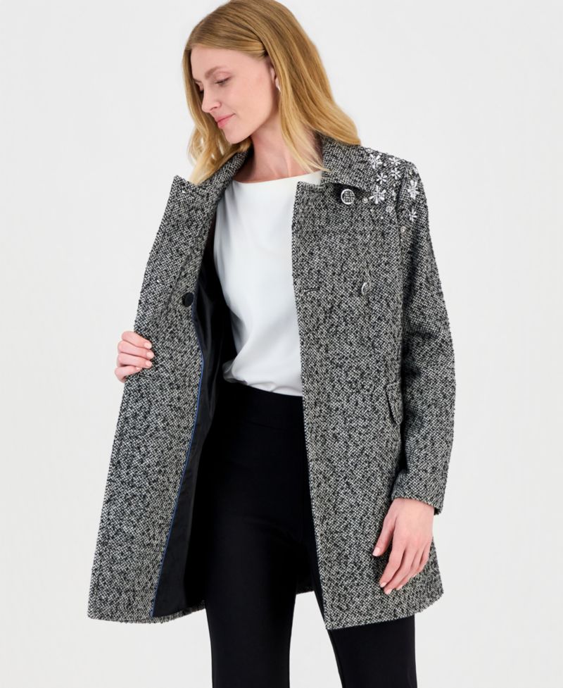 Women's Floral Beaded Double-Breasted Coat, Created for Macy's