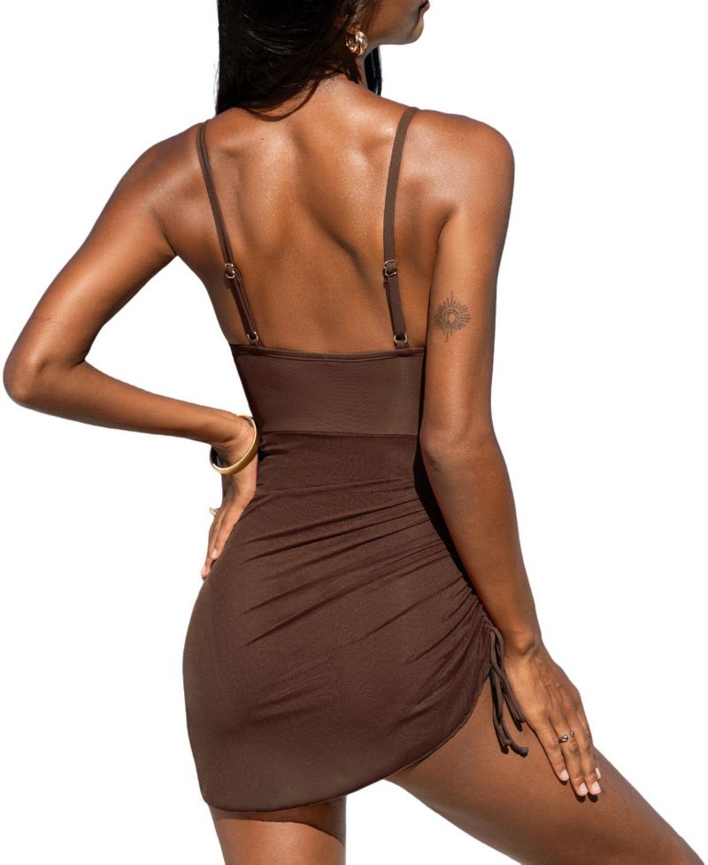 Women's V-Neck Mesh Ruched Swim Dress