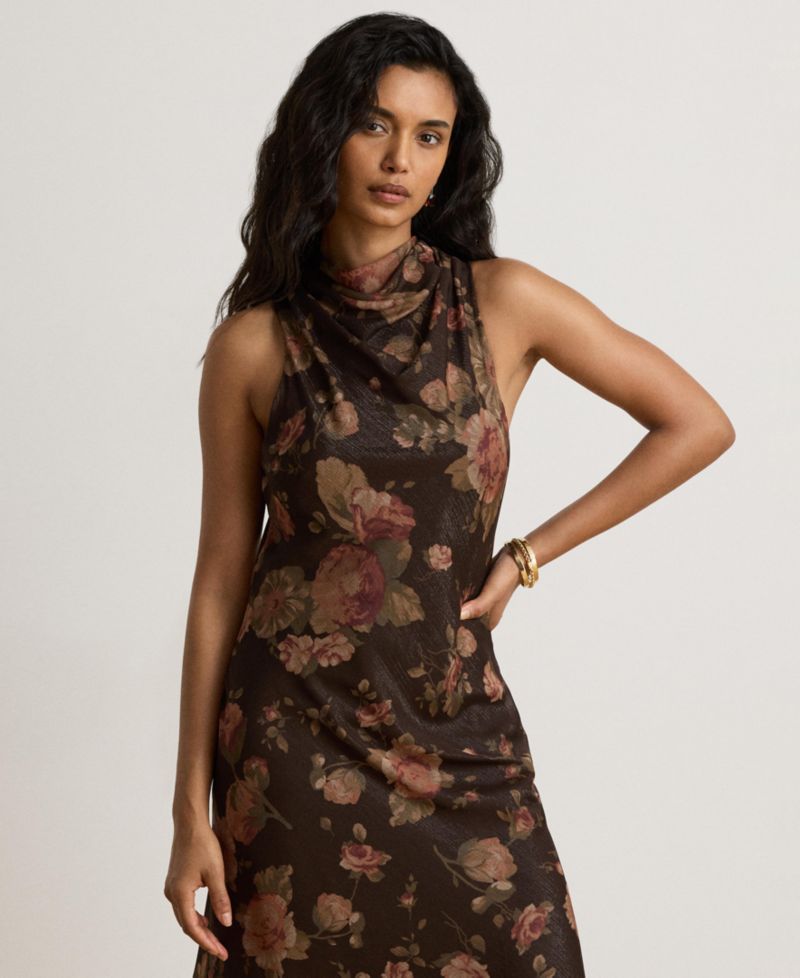 Women's Floral-Print Mockneck with Cowl Drape Cocktail Dress