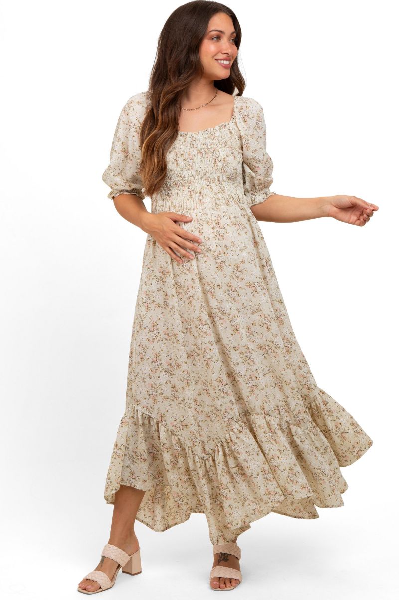 Women's Light Olive Smocked Handkerchief Hem Dress