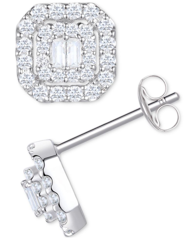Diamond Round & Baguette Cluster Stud Earrings (1/2 ct. t.w.) in 14k White or Yellow Gold