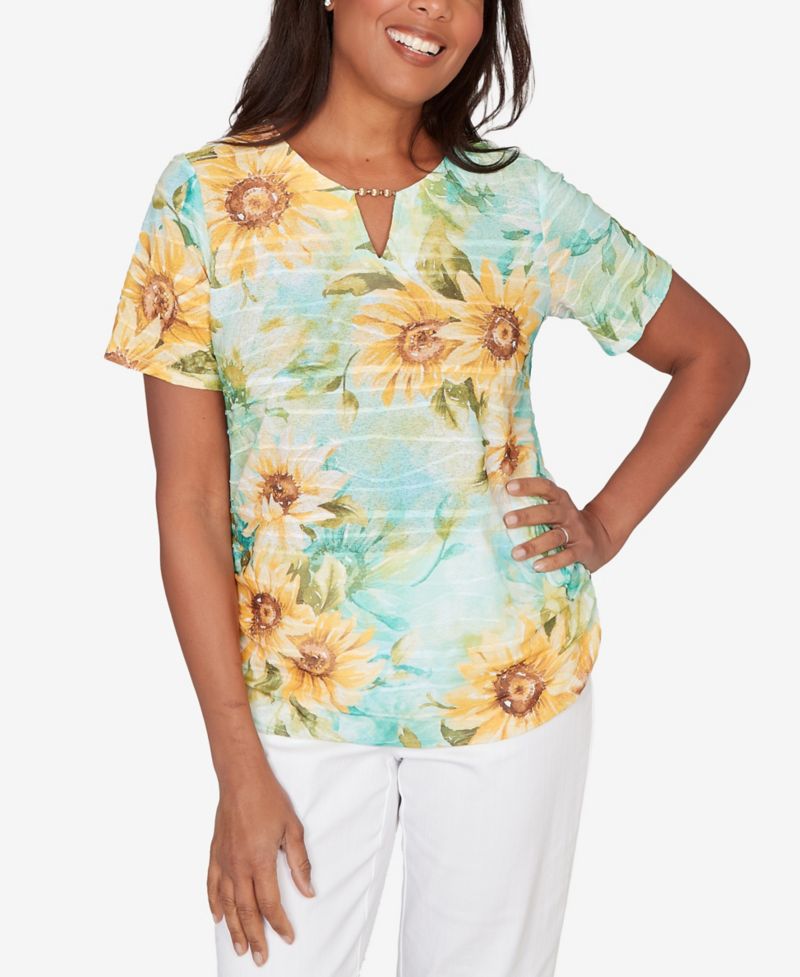 Petite Sunflower Split Neck Side Ruched Top