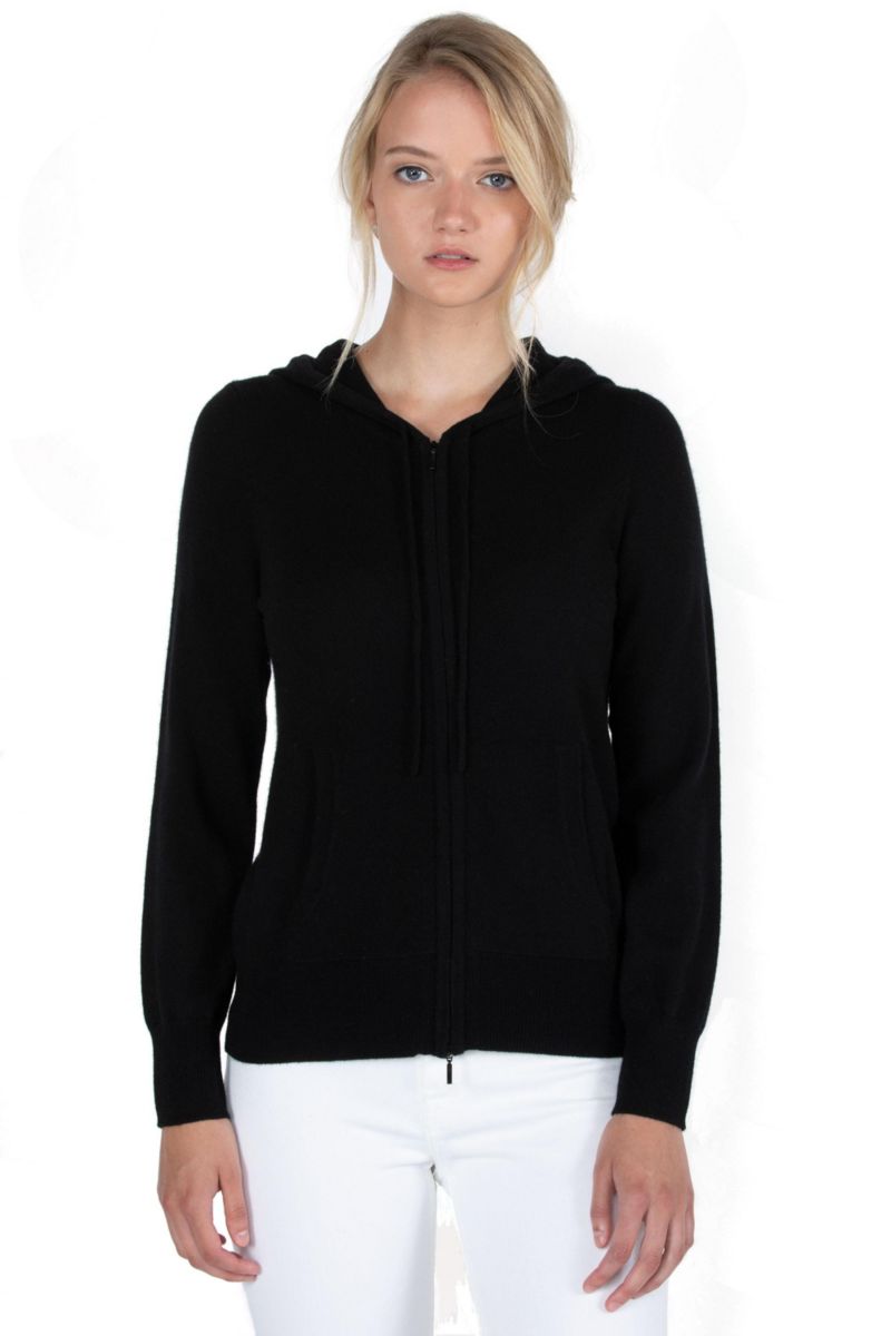 Women's 100% Pure Cashmere Long Sleeve Zip Hoodie Cardigan Sweater