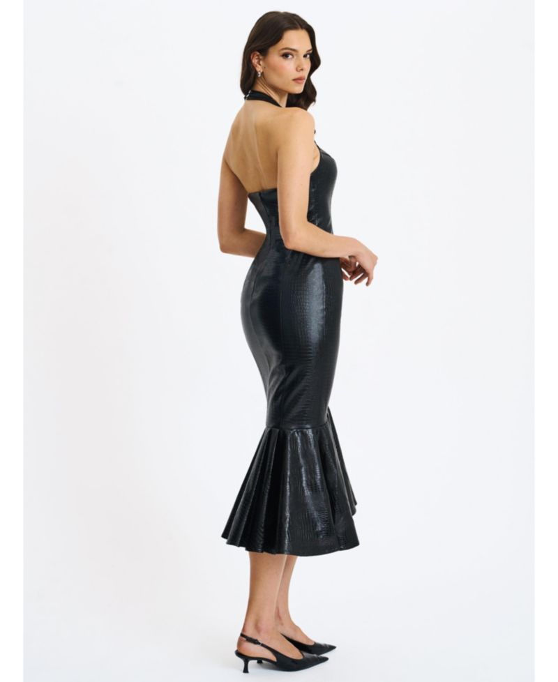 Women's Gardenia Black Leather Midi Sweetheart Halter Flared Dress