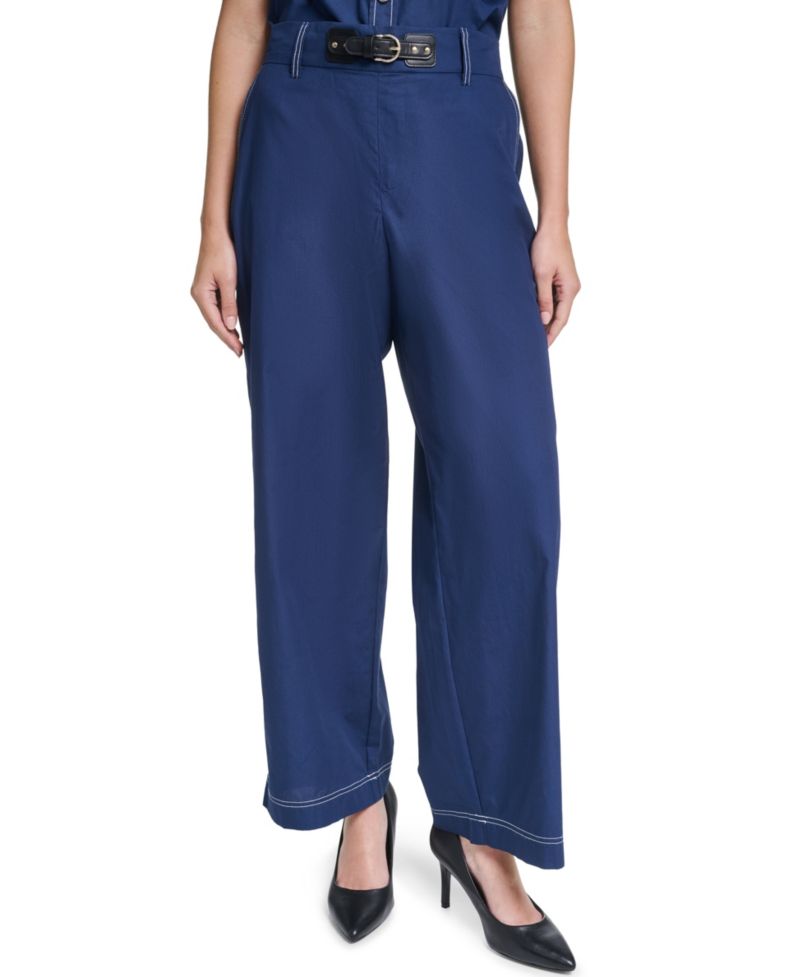 Women’s Fixed Belt Mid-Rise Straight Ankle Pants