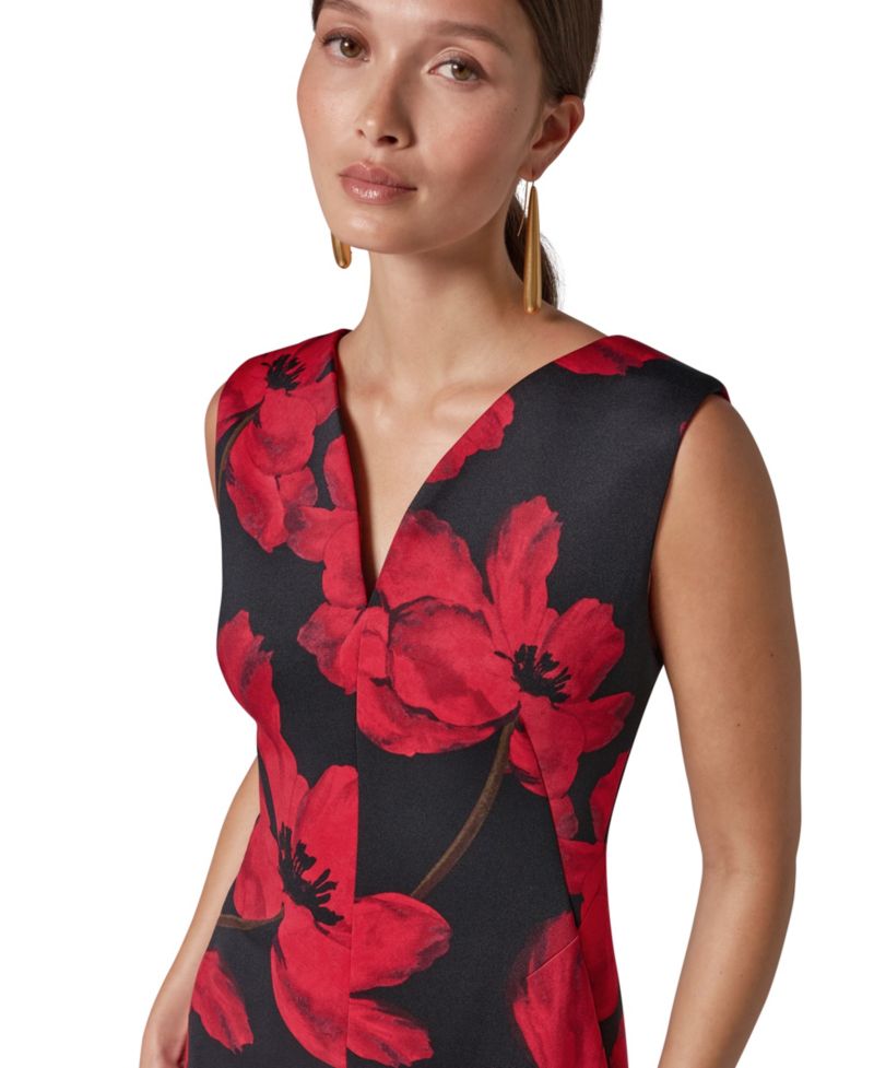 Women's Floral-Print V-Neck Sleeveless Sheath Midi Dress