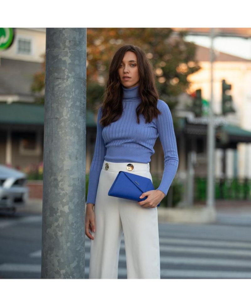Saffiano Leather Clutch Bag Evening Purse Crossbody Cobalt Blue Unique Women's Handbag