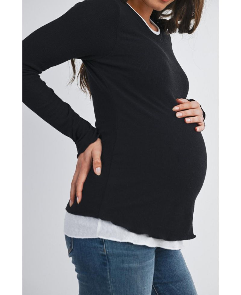 Maternity Ribbed Layer Contrast Long Sleeve Top