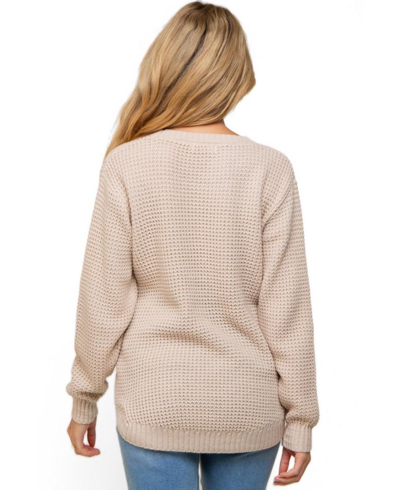 Women's Beige Waffle Knit Round Hem Sweater