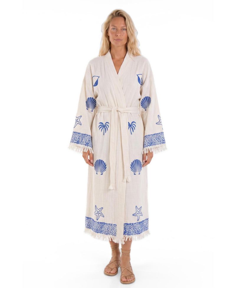 Women's Nerina V-Neck Long-Sleeve Shell-Print Beach Cover-Up Robe