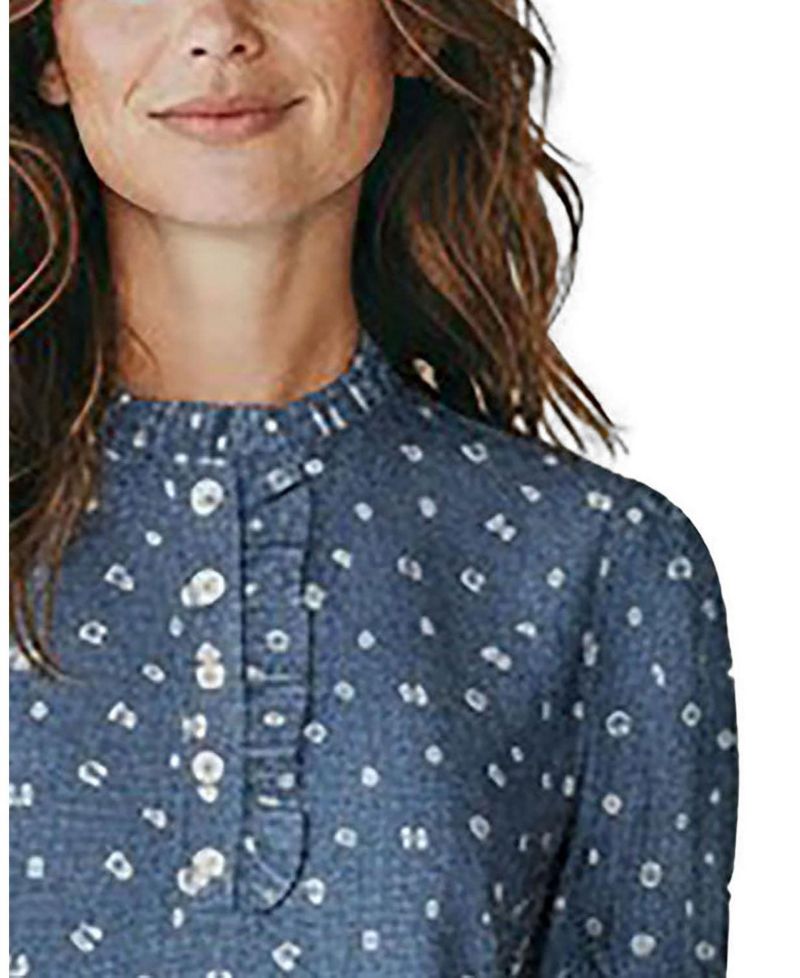 Women's Chambray Puff-Sleeve Floral-Print Blouse