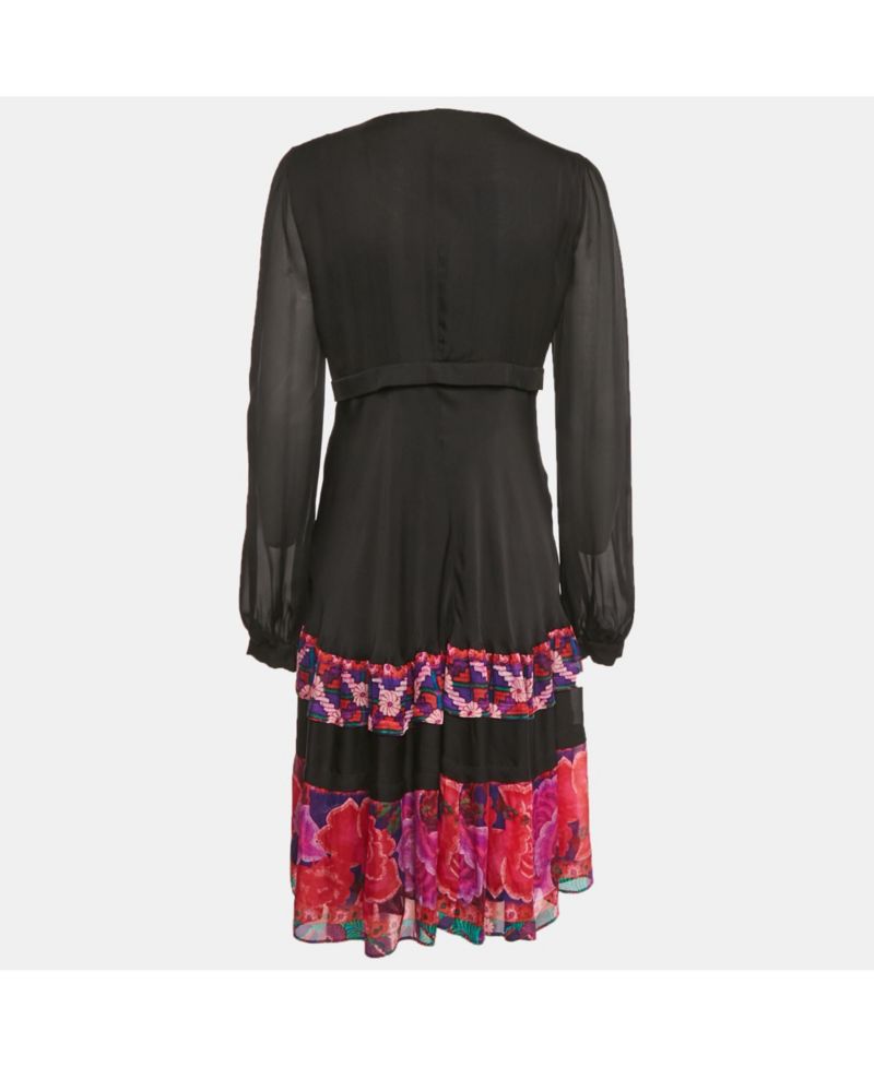 Women's Black Printed Silk Midi Dress