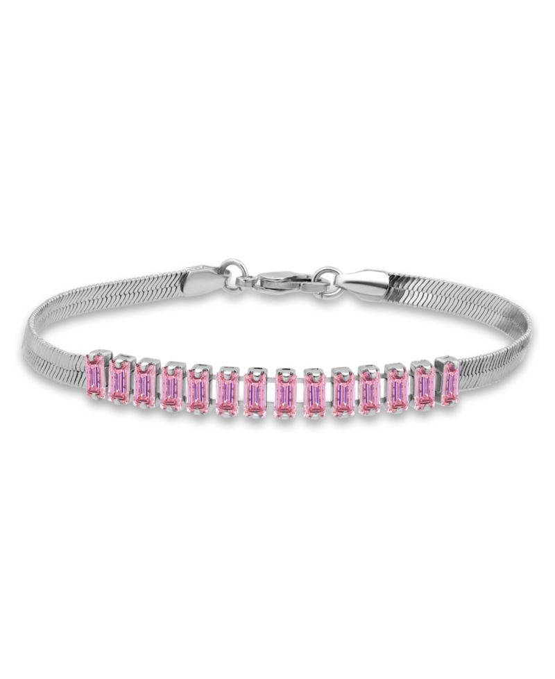 Herringbone 5 ct. t.w Blue Cubic Zirconia Baguette Stones on Herringbone Chain Tennis Bracelet