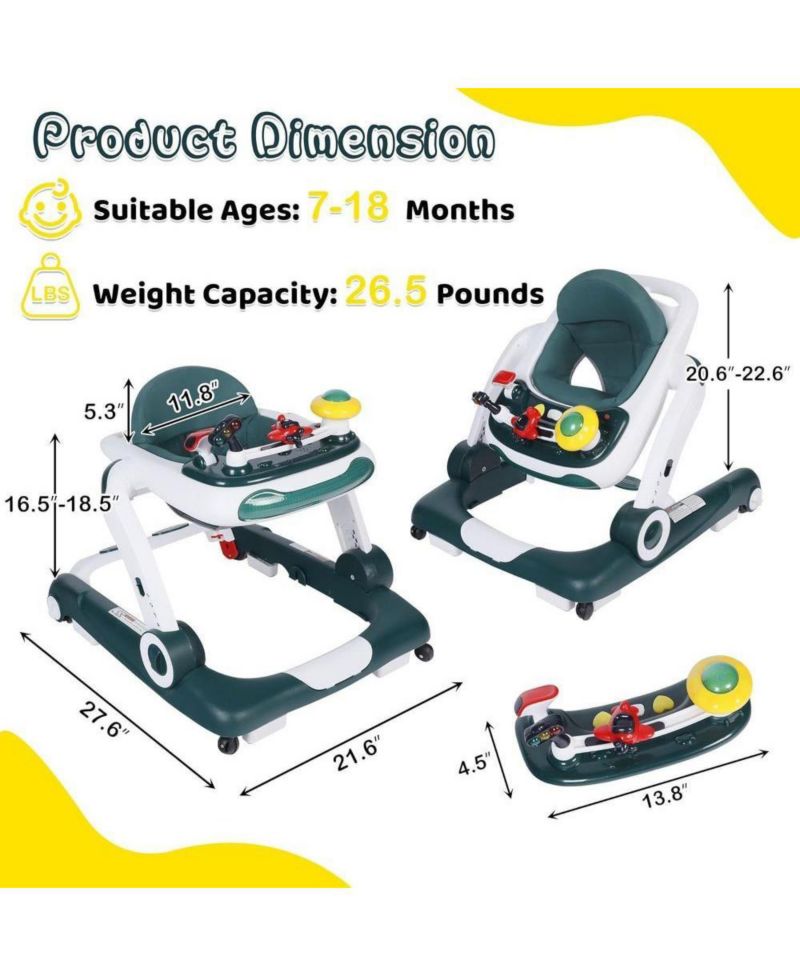 5-in-1 Baby Activity Walker with Music and Lights, Adjustable Height and Safety Bumper
