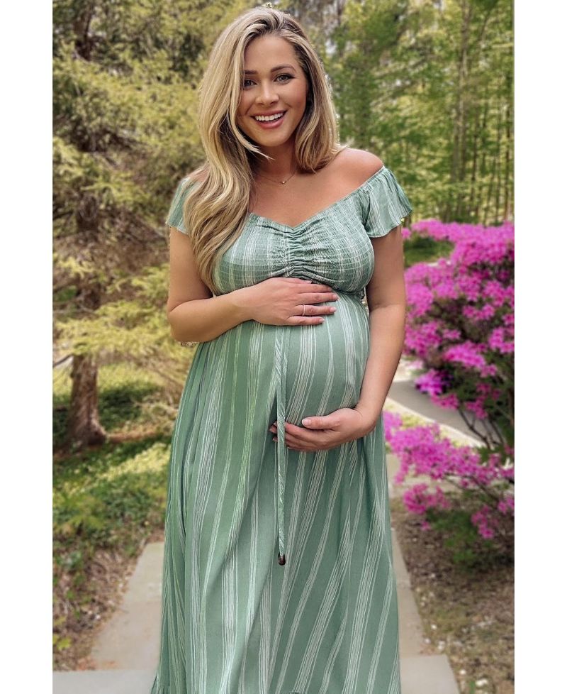 Women's Green Striped Off Shoulder Front Tie Maxi Dress