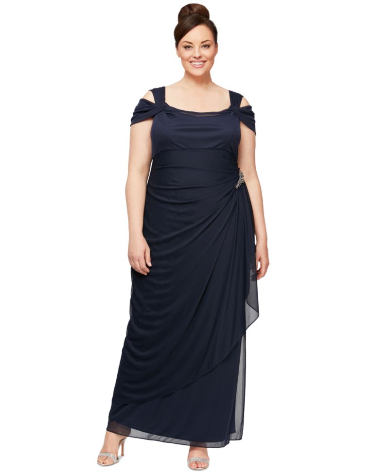 Women's Cold-Shoulder Draped Metallic Gown