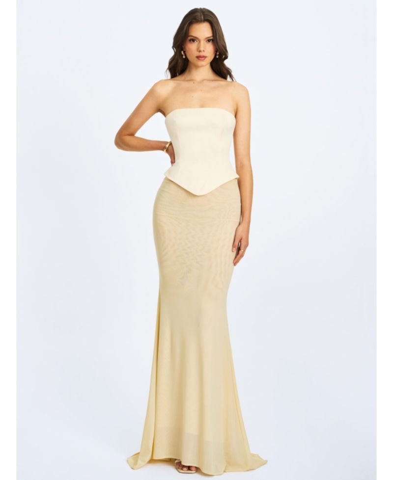 Women's Adelina Butter Yellow Peplum Mermaid Gown with Lace-up Back