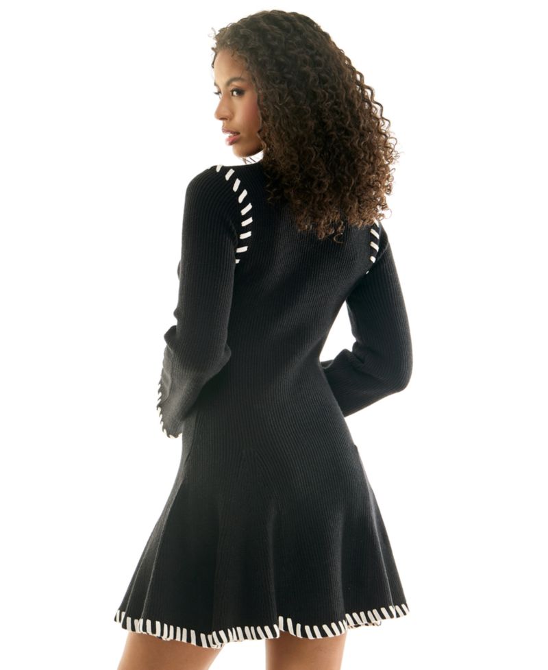Juniors' Fit & Flare Mock Neck Sweater Dress with Flare Sleeves