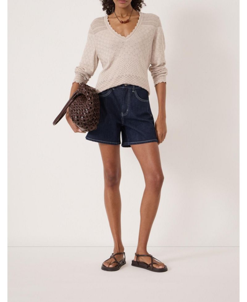 Women's Pointelle Cotton V-Neck Sweater