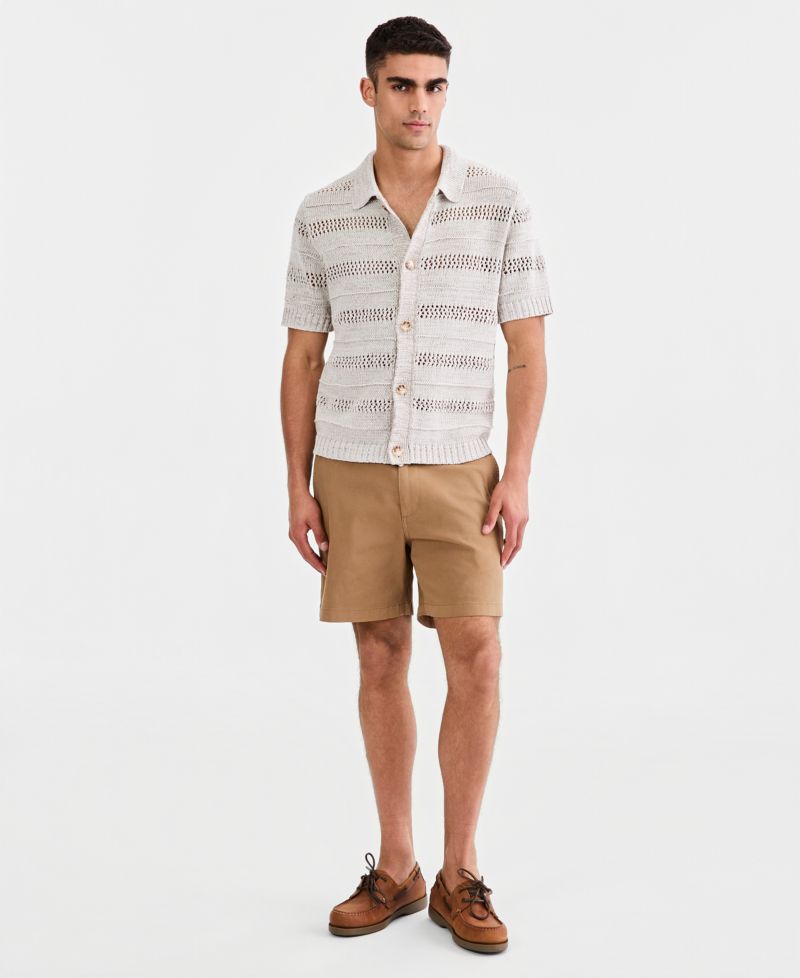 Men's Striped Open-Stitch Button Sweater