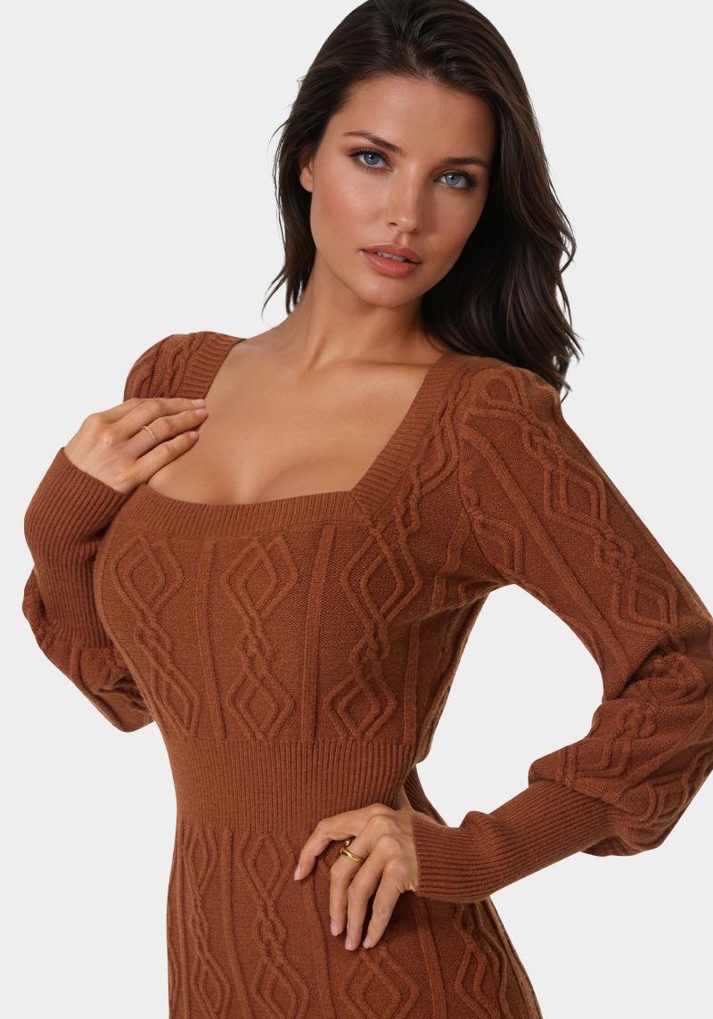Women's Square Neck Long Sleeve Cable Sweater Dress