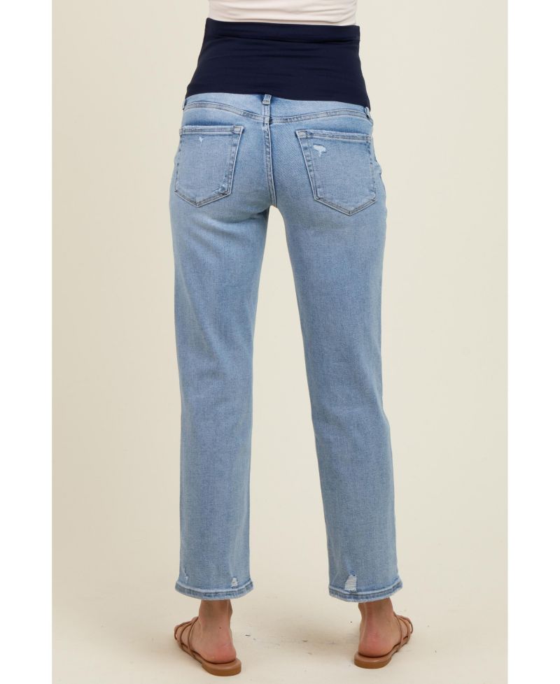 Women's Light Blue Distressed Open Knee Ankle Straight Leg Jeans
