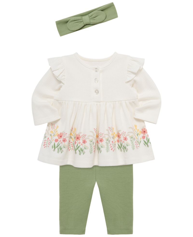Baby Girls' Border Tunic Long-Sleeve Top, Leggings and Headband, 3-Piece Set