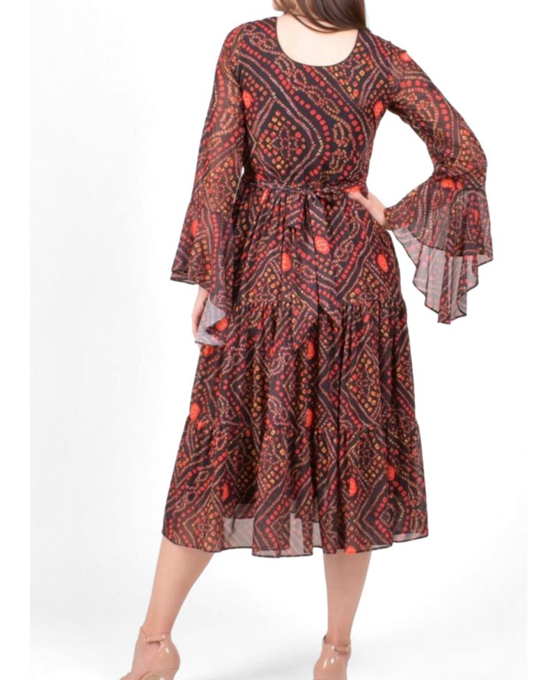 Women's Bandhani Bell Sleeve Tiered Midi Dress