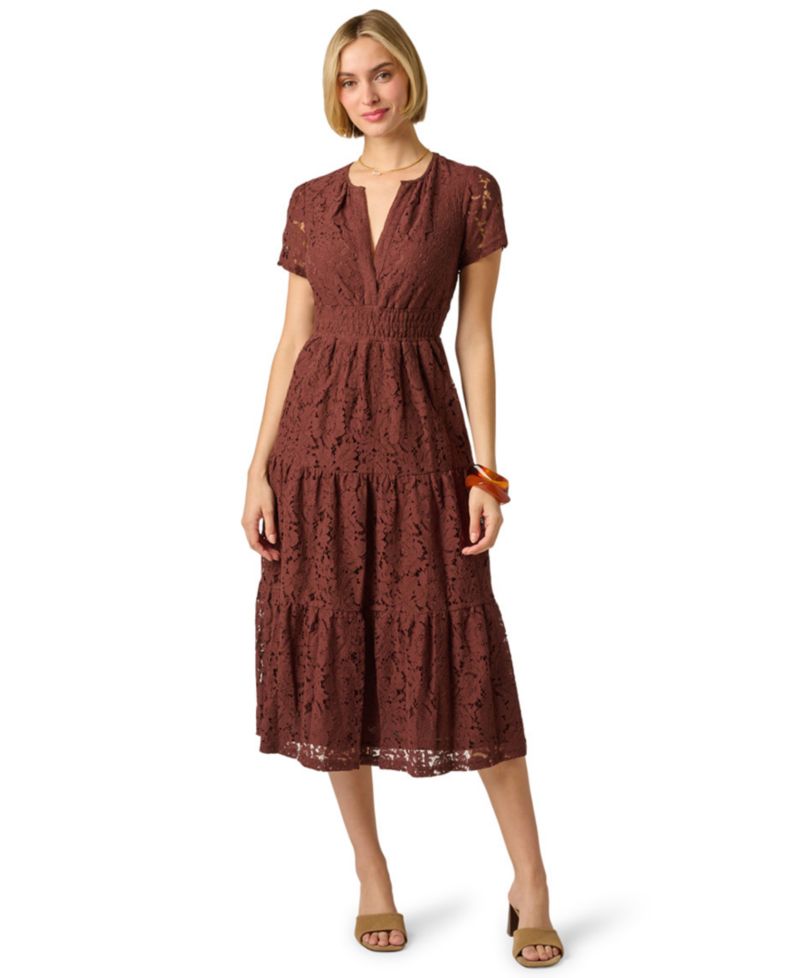 Women's Lace Detail Tiered Midi Dress