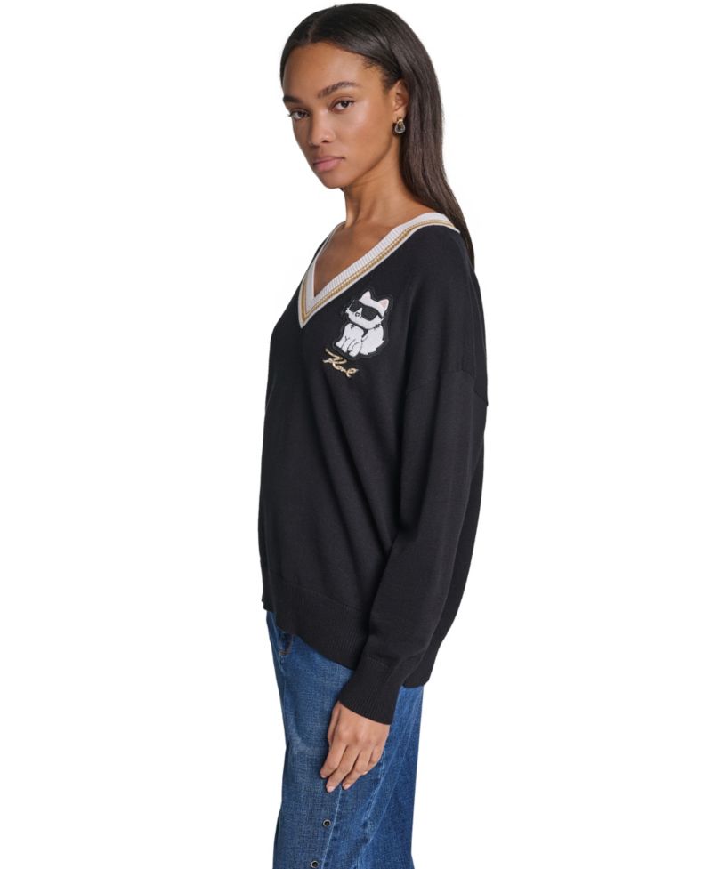Women's Karl Patches Long-Sleeve Graphic-Patch V-Neck Sweater