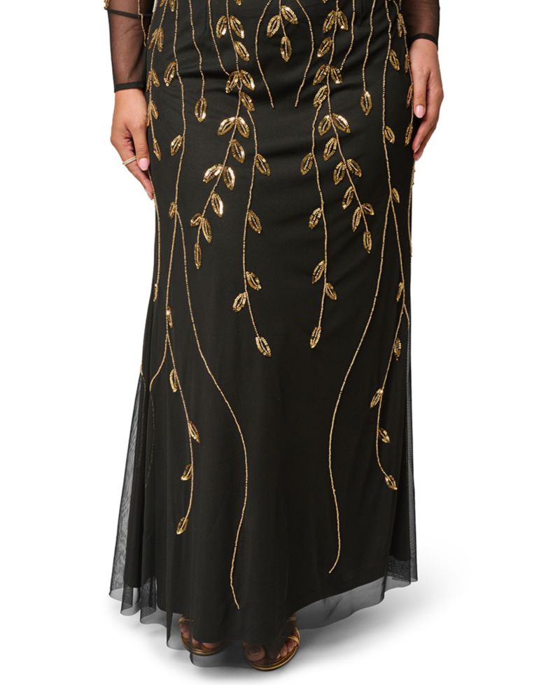 Plus Size Beaded Long-Sleeve Gown