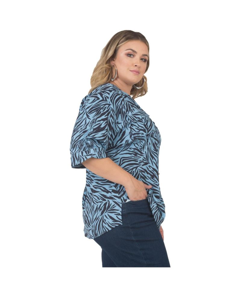 Plus Size Zebra-Print Button-Front 3/4-Sleeve Shirt