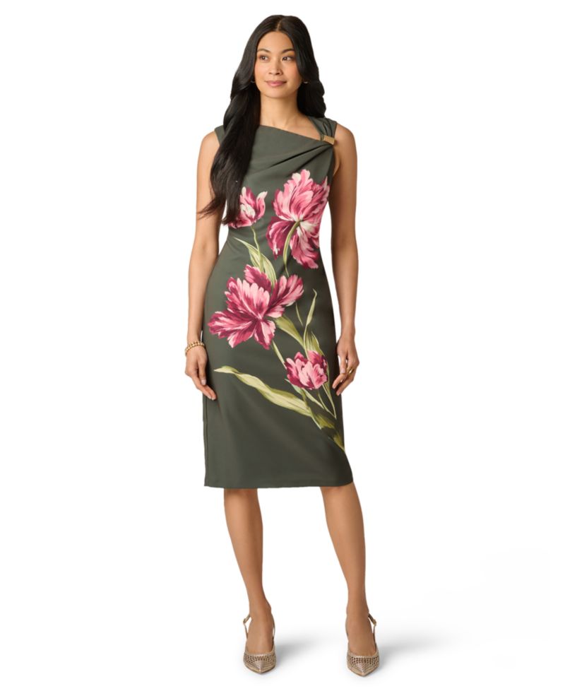 Women's Floral Crepe Asymmetrical Midi Dress