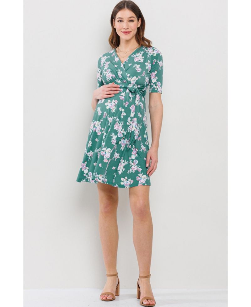 Women's Floral V Neck Wrap Nursing Dress with Tie Waist