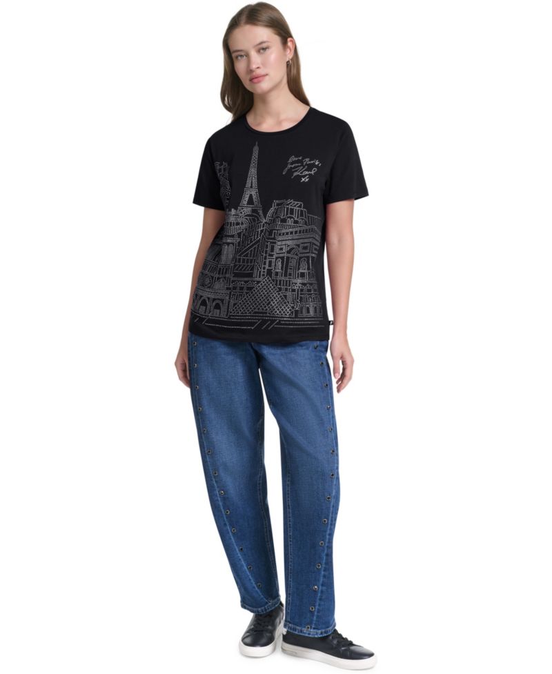 Women's Sparkle Paris Scene Crewneck Short-Sleeve T-Shirt
