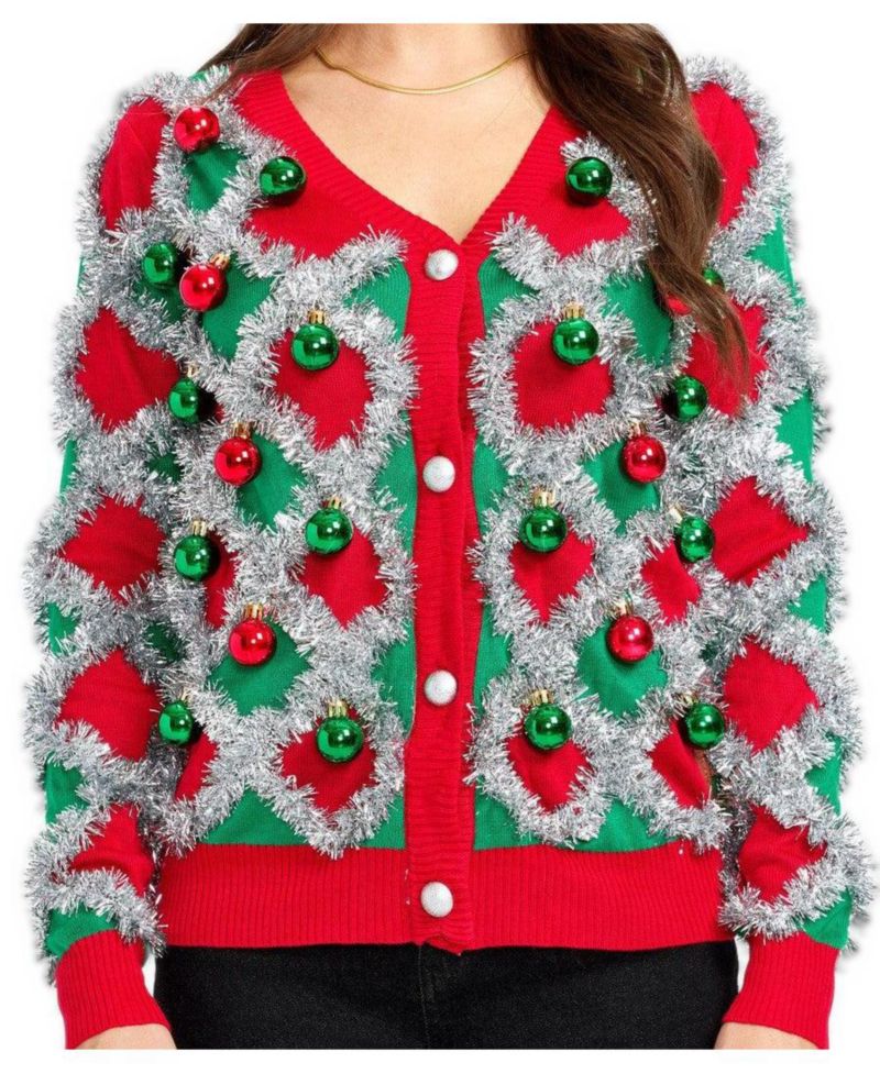 Women's Tacky Tinsel Holiday V-Neck Button-Front Cardigan
