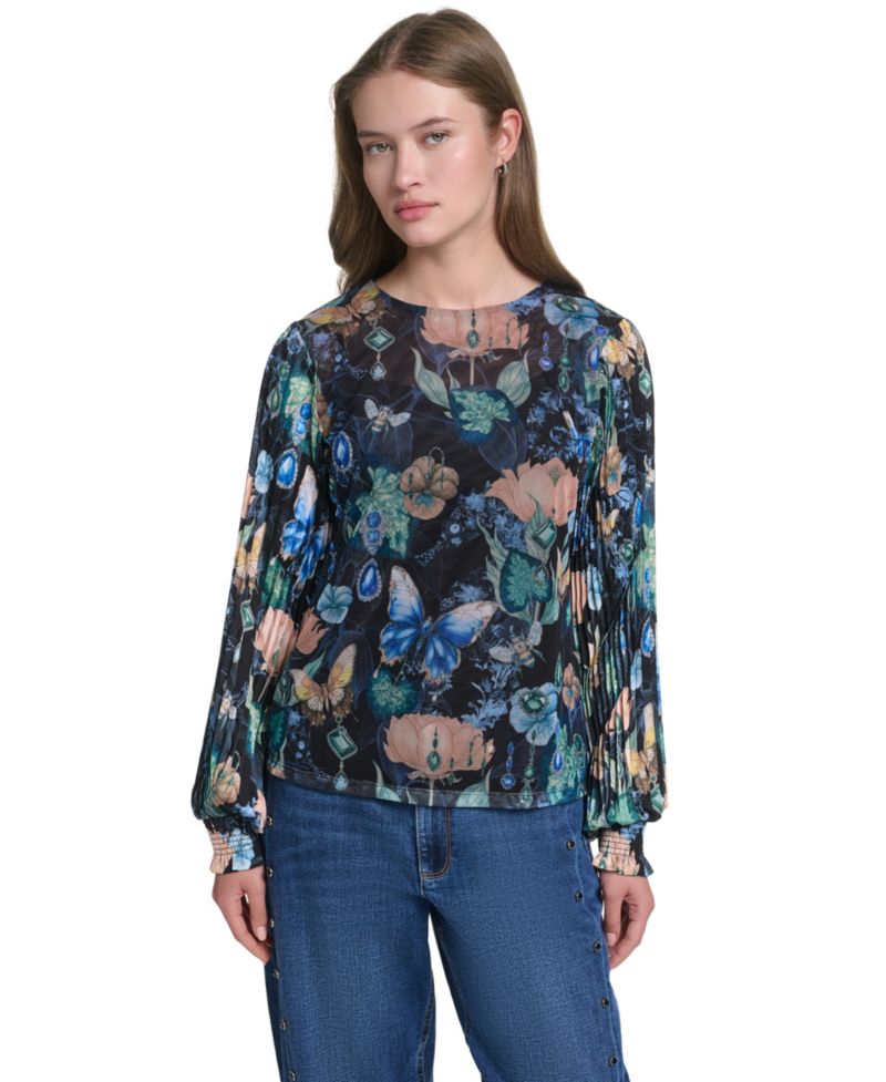 Women's Mixed Media Printed Mesh Top