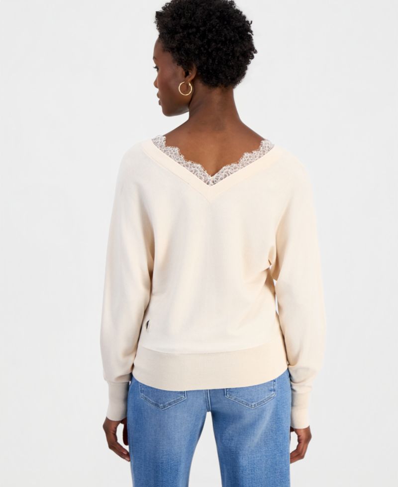 Petite Lace Trim Double V Neck Dolman Long-Sleeve Viscose-Blend Sweater