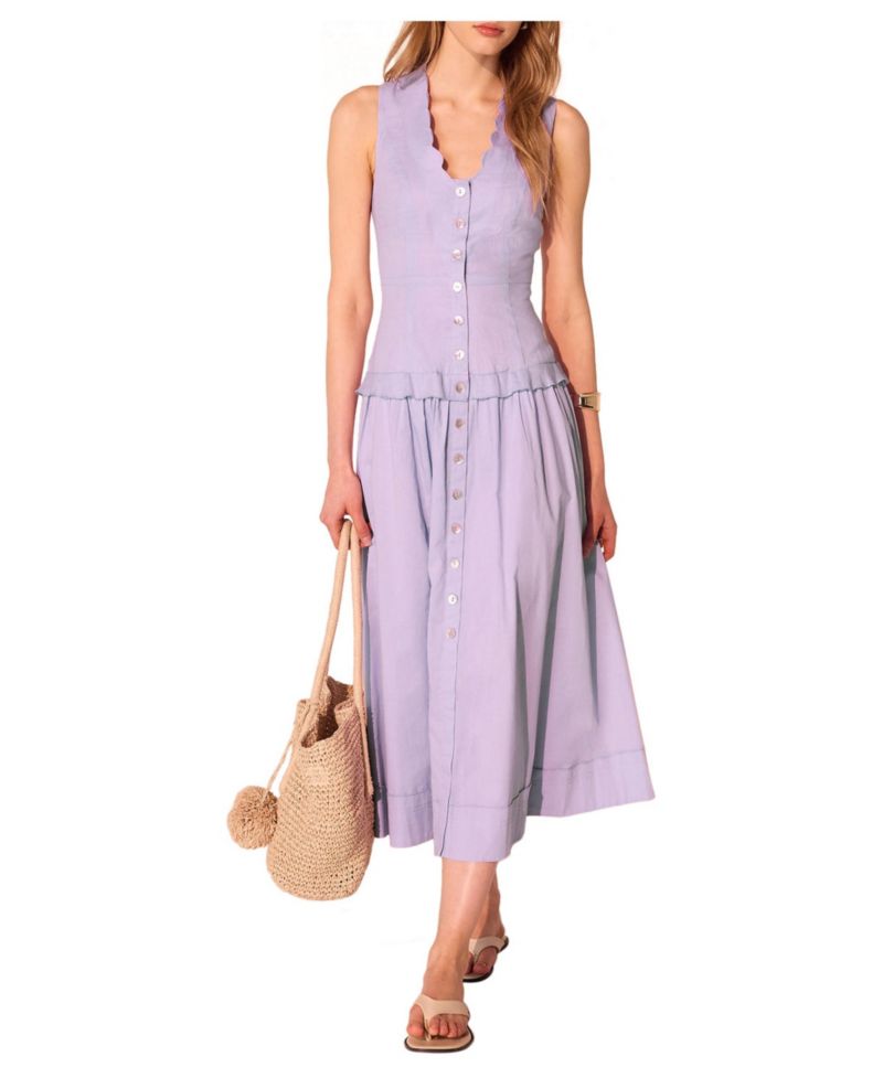 Women's Scalloped Sleeveless Drop-Waist Ramie Maxi Dress