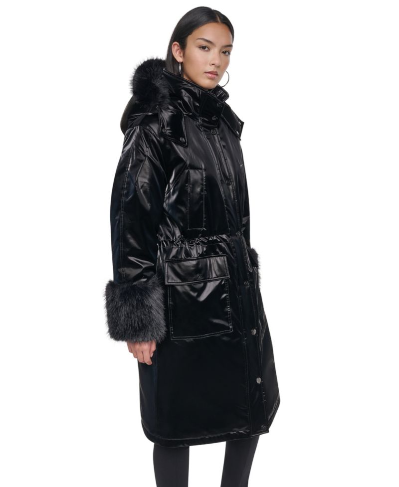 Women's Hooded Knee-Length Faux Fur Cuff Nylon Velvet Coat