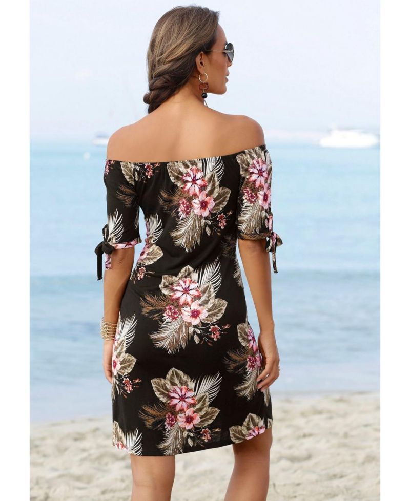 Women's Viscose Tropical Print Off Shoulder Column Short Dress