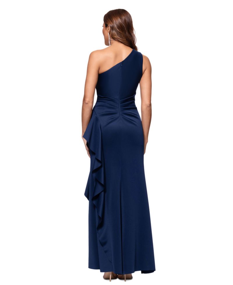 Petite Ruffled One-Shoulder Scuba Gown